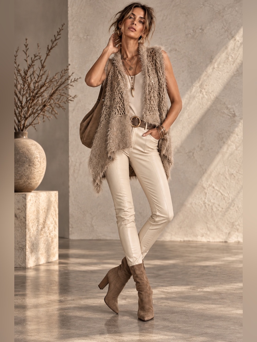 Escio Eyelash Fuzzy Open Front Vest Crochet Back Boho Textured